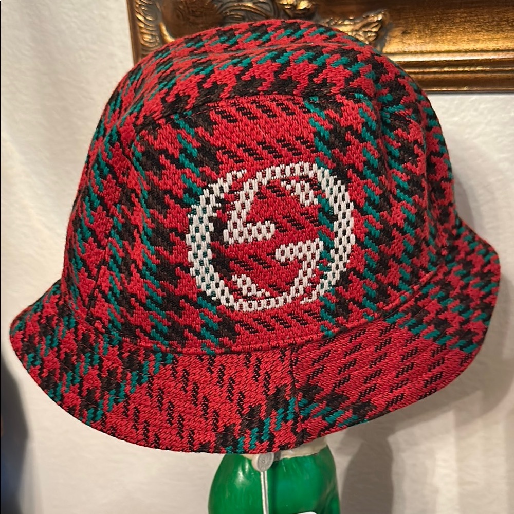 Gucci Red and Green Houndstooth Bucket Hat
